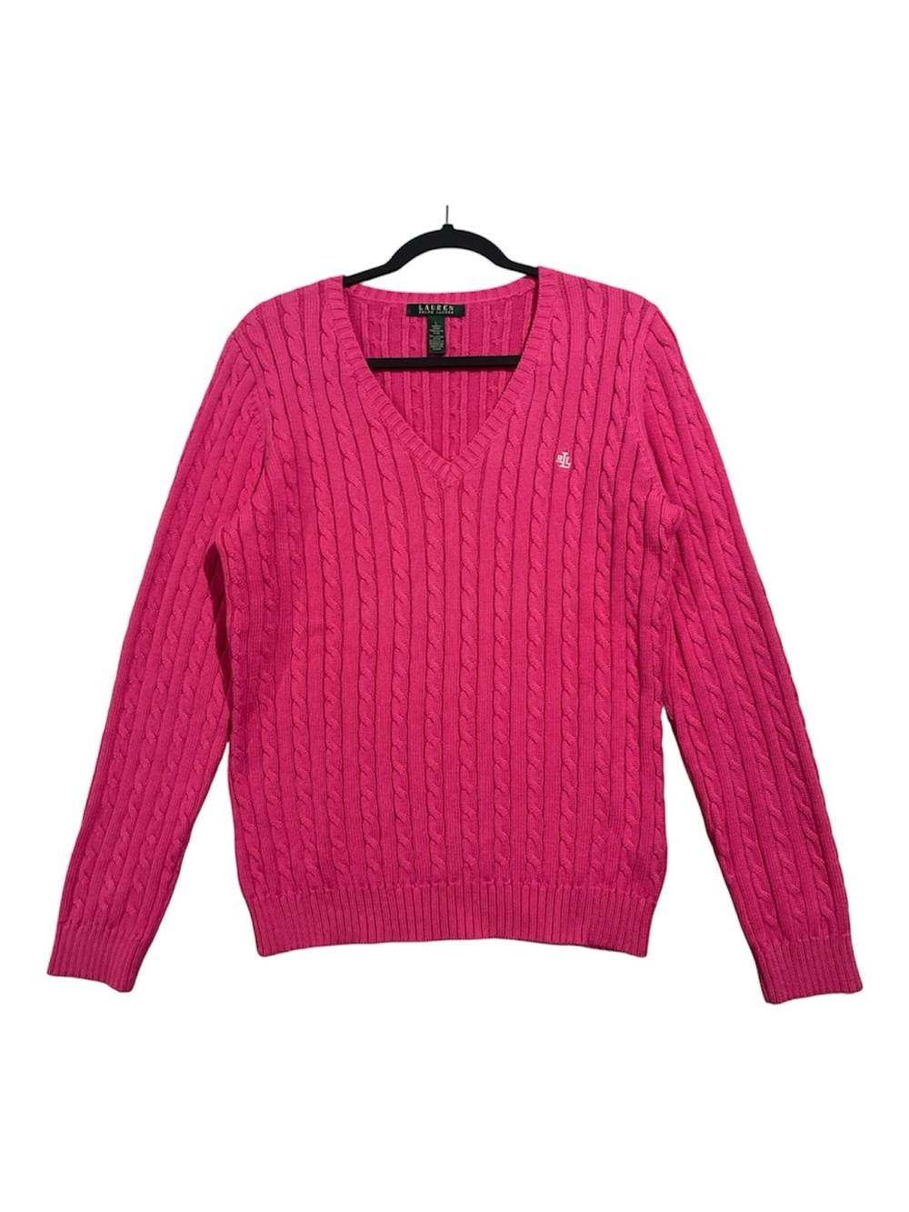 Lauren Ralph Lauren Sweater Women’s Large Pink Cable-Knit V-Neck Pullover Cotton